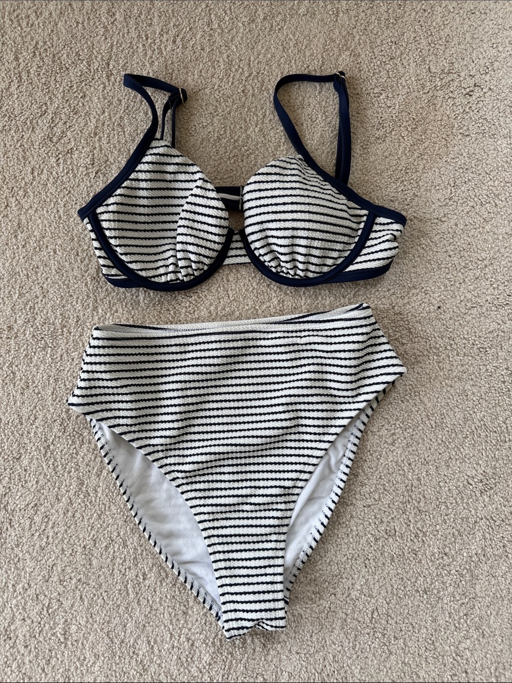 Shade & Shore Navy and White Striped High-Waist Bikini Set